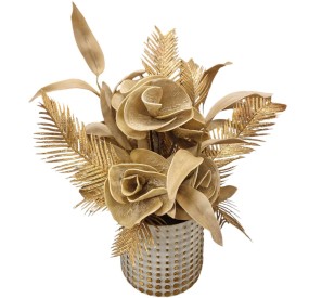 FLORAL ARRANGEMENT OF GOLD FLOWERS WITH WHITE - GOLD VASE H.55cm