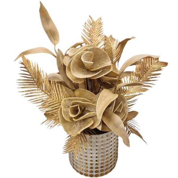 FLORAL ARRANGEMENT OF GOLD FLOWERS WITH WHITE - GOLD VASE H.55cm