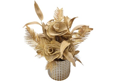 FLORAL ARRANGEMENT OF GOLD FLOWERS WITH WHITE - GOLD VASE H.55cm