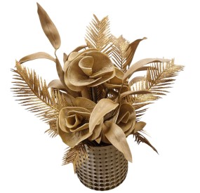 FLORAL ARRANGEMENT OF GOLD FLOWERS WITH WHITE - GOLD VASE H.55cm