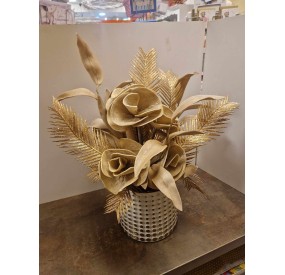 FLORAL ARRANGEMENT OF GOLD FLOWERS WITH WHITE - GOLD VASE H.55cm