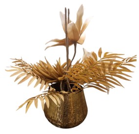 FLORAL COMPOSITION WITH WORKED GOLD VASE H.48cm