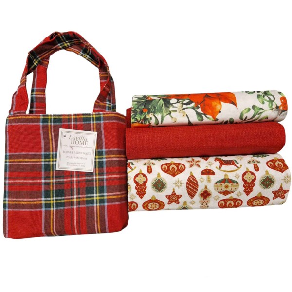 KIT BORSA + 3 STROFINACCI NATALE ROSSO 100% COTONE LAVILLA HOME