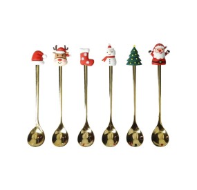 SET 6PCS SWEET OR COFFEE SPOONS STAINLESS STEEL GOLD CHRISTMAS BRANDANI