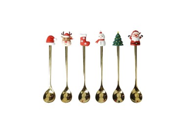 SET 6PCS SWEET OR COFFEE SPOONS STAINLESS STEEL GOLD CHRISTMAS BRANDANI