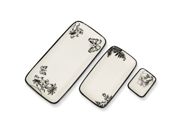 SET OF 3 RECTANGULAR DECORATED CERAMIC TRAYS WITH MATT EXTERIOR