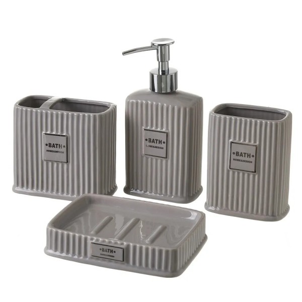 SET 4PZ DISPENSER BAGNO CERAMICA RIGHE GRIGIO