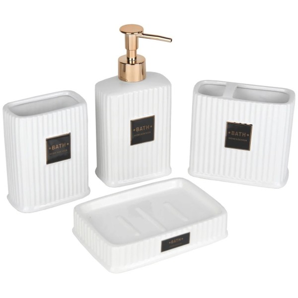 SET 4PZ DISPENSER BAGNO CERAMICA RIGHE BIANCO