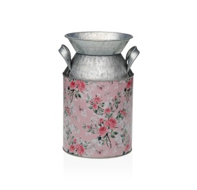 VASO METALLO ROSA DECORAZIONE FLOREALE H.15cm