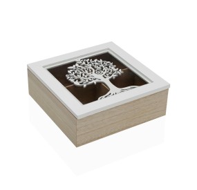 4 COMPARTMENTS WHITE WOODEN TREE OF LIFE TEA BOX