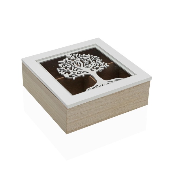 4 COMPARTMENTS WHITE WOODEN TREE OF LIFE TEA BOX