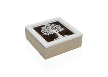 4 COMPARTMENTS WHITE WOODEN TREE OF LIFE TEA BOX